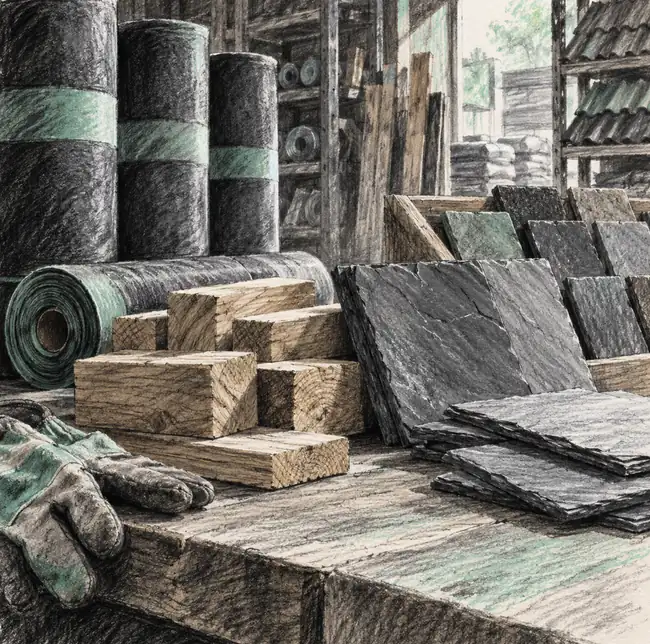 Illustration of roofing businesses equipment and workspace
